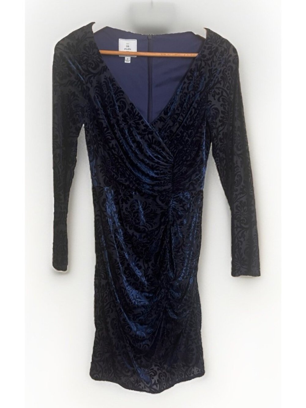 90s Y2k Womens Blue & Black Velvet Burnout Faux Wrap Whimsigoth Dress Sz 8. Ab